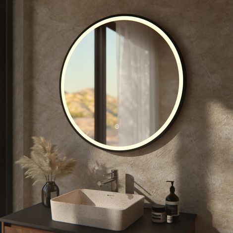 Runder LED-Badezimmerspiegel mit schwarzem Rahmen, 80 cm – 3 dimmbare Lichtmodi – Antibeschlagfunktion – IP44 wasserdicht und Touch-Bedienung – rostbeständig (1/5)