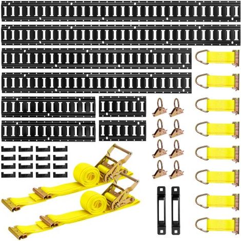 Juego de 8 Rieles de Amarre E-Track, de 1,5/1,2/0,6/0,3 m, con 2 Correas de Trinquete, 8 Juntas Tóricas, 8 Correas de Amarre con Anilla en D, 2 Ranuras Individuales y 16 Tapas de Extremo (1/5)