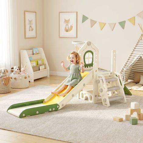 Toboggan pliable 5 en 1 pour tout-petits avec élément d'escalade, panier de basket, espace de rangement et ballon de basket pour enfants de 1 à 3 ans, blanc crème (1/4)