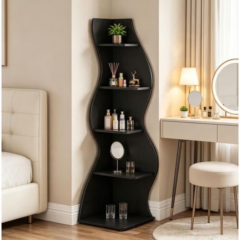 Étagère d'angle à 5 niveaux en bois noir, avec tablettes réglables, rangement vertical peu encombrant pour livres, objets déco et dossiers, salon, bureau ou entrée - CHICFURN (1/5)