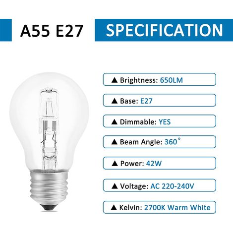 Ampoule Halogène E27 A55 42W Dimmable, AC220-240V, 650LM Blanc Chaud 2700K, Transparent Ampoule Globe E27 Halogene pour Plafonnier, Lampe de bureau, Applique, Lampadaire, Lot de 5 NPTERBL