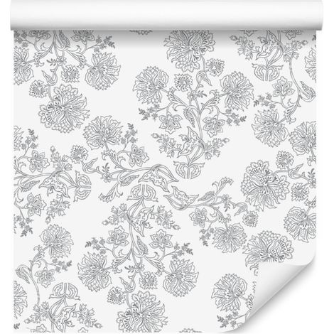 Papel pintado Flores gris claro y blanco, fondo gris claro 50x1000 cm (1/5)