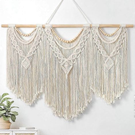 Großer Boho-Wandbehang aus natürlichem Baumwollseil (Makramee) mit Holzstab für Schlaf- und Wohnzimmer, umweltfreundliches Design (1/5)
