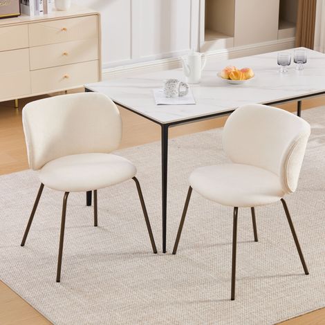 Lot de 2 chaises de salle à manger avec soutien dorsal incurvé, rembourrées, pieds en métal bronze, crème, en chenille