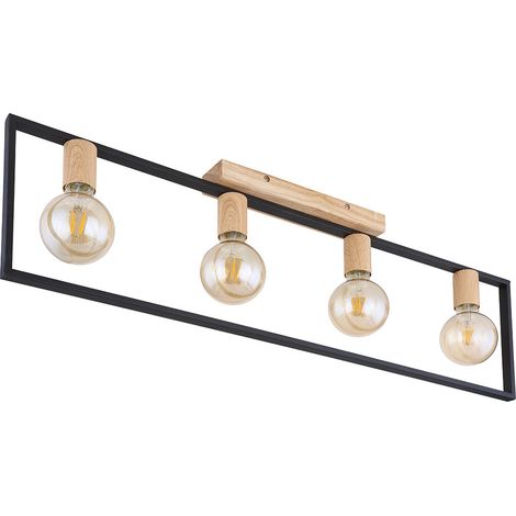 Globo – Plafonnier d'extérieur métal noir et bois marron – 4 douilles E27 – Longueur 90 cm – Classe IP20 – 4 x 60W max