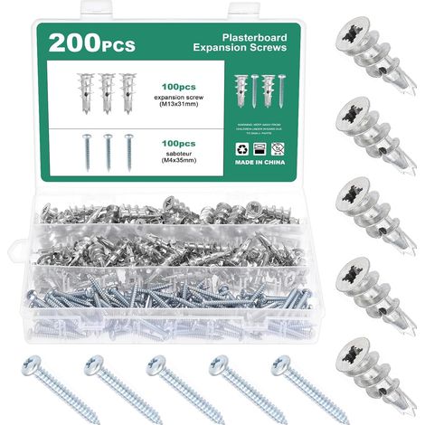 Lot de 100 chevilles métalliques autoforantes pour placoplâtre, 12 x 30 mm, chevilles pour construction à sec, fixations pour placoplâtre avec vis, crochets d’ancrage mural, en acier au (1/5)