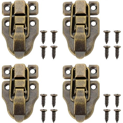 Set van 4 retro houten doossluitingen, koffer- en kistsluitingen, inclusief schroeven, kleine retro sluitingen voor sieradendozen, koffers en reiskoffers. (1/5)