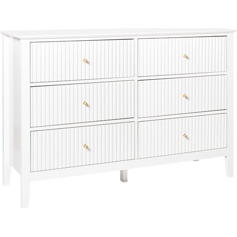 Elegante Cómoda 6 Cajones MDF Manillas Doradas Salón Sala de Estar Blanco Assisi