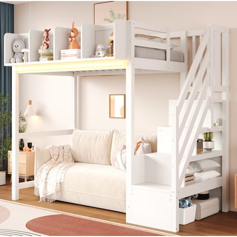 Letto a soppalco 90x200 cm in legno con LED, scaffali, scala contenitore e barriera (1/5)