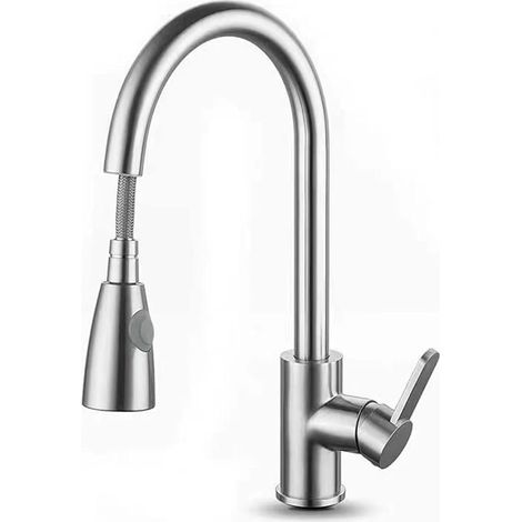 Robinet de cuisine monotrou en nickel brossé avec bec extractible et douchette. (1/5)