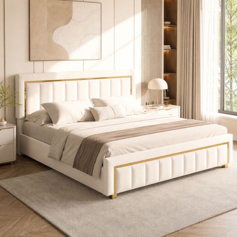 Lit double 160x200 cm en velours beige, tête de lit rembourrée avec finition dorée, rangement hydraulique intégré, sommier à lattes inclus, design chic pour chambre (1/5)