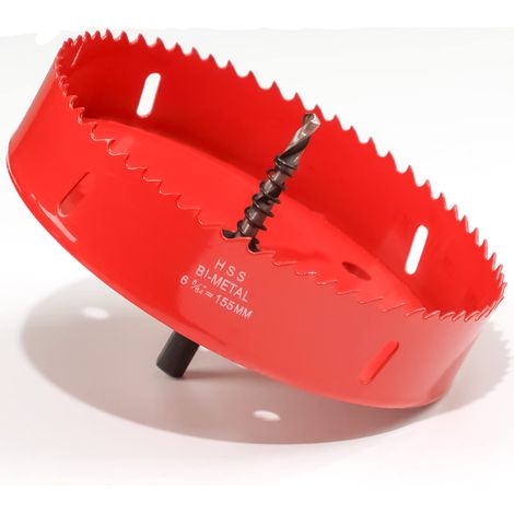 Scie cloche - 155 mm - Acier rapide HSS M42 bi-métal - Scie-cloche avec tige hexagonale et foret pour bois, construction sèche et tôle métallique - 1 pièce - Rouge (1/5)