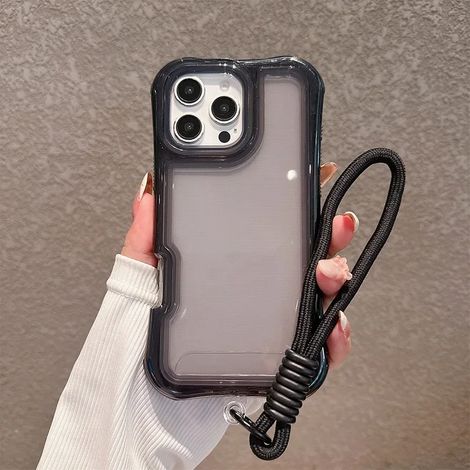 (Noir, iPhone 12 Pro) Coque de protection transparente antichoc avec coussins d'air aux quatre coins et dragonne antichoc