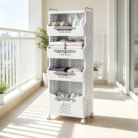 Chariot de rangement à 4 niveaux avec roulettes, grande capacité – chariot polyvalent mobile avec poignée de poussée et paniers pour la cuisine, la salle de bains et la buanderie (gris crème) (1/5)
