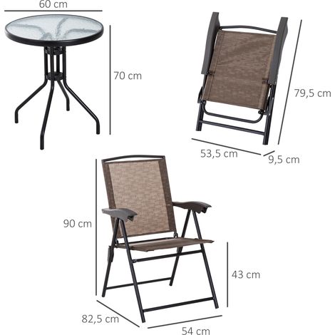 Outsunny Tisch- und 2-Stuhl-Set, Gartenmöbel für Terrasse und Balkon, Klappstuhl mit 4-fach verstellbarer Rückenlehne, Textilene-Gewebe, Stahlrahmen, Braun