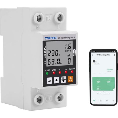 Compteur d'énergie intelligent CA 63A 80-300V Protection contre les fuites de terre intelligentes de sous-tension Relais Dispositif Interrupteur Énergie 230V APP (Noir) (1/5)