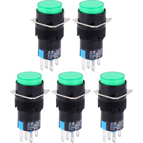 Interrupteur À Bouton Poussoir Rond 5 Broches Avec Lumière Pour Équipement D'Automatisation La16y-11d Vert Lot De 5 (1/5)