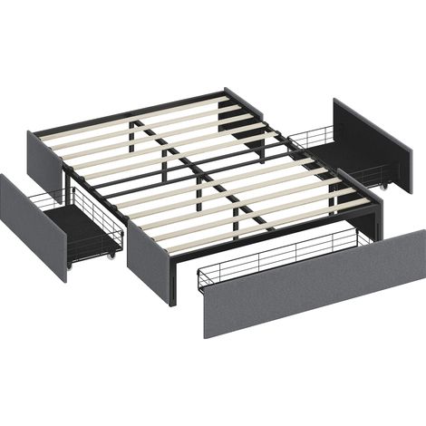 Lit coffre 140x190 cm, cadre double rembourré avec 3 tiroirs, sommier lattes LVL, silencieux, gris (1/5)
