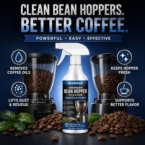 Der KineShineX Kaffeemühlen-Trichterreiniger entfernt Fett und Kaffeesatzreste aus den Mahlkammern von Kaffeemaschinen. (1/5)