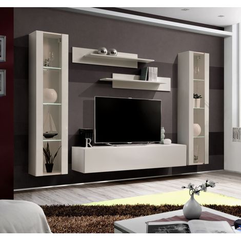 Ensemble meuble TV mural Fly A2 avec vitrine et éclairage LED - Bois MDF cachemire - 240 x 170 x 40 cm - Livraison gratuite