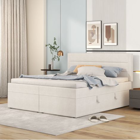 Lit coffre double en lin beige, bois massif et MDF, 140x200 cm, sommier à lattes relevable avec rangement (1/5)