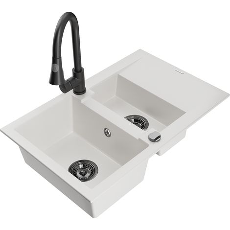 Mexen Gaspar évier en granit 1,5 bacs avec égouttoir et robinet de cuisine Elia, blanc - 6507-20-670101-70 (1/5)
