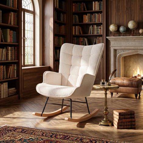 SYEKLAOO Chaise à Bascule, Fauteuil à Bascule Allaitement pour Salon, Chambre à Coucher, Rocking Chair en Velours Teddy avec Dossier à Carreaux (Beige)