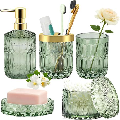 Lot de 5 Accessoires Salle de Bain en Verre - Distributeur Savon Verre (1/5)