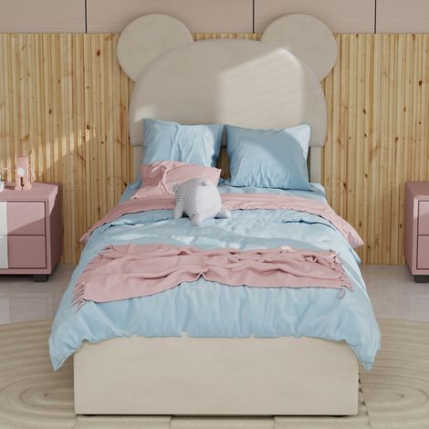 Lit rembourré minimaliste moderne avec tête de lit douce au design cartoon, 90x200 cm, beige, meuble de chambre multifonctionnel, base de rangement haute avec système à vérin à gaz, matelas non inclus (1/5)