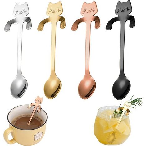 Juego de 4 piezas: de de acero inoxidable de gato, de postre, remover, batidos mermelada, Plata/Oro/Oro rosa/Negro, Dimensiones: 11,7 x 3,1 cm (1/5)
