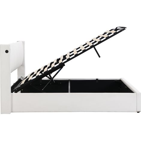 Cama tapizada LED 140 x 190 cm con almacenamiento, USB y cabecero ajustable, PU blanco (1/5)