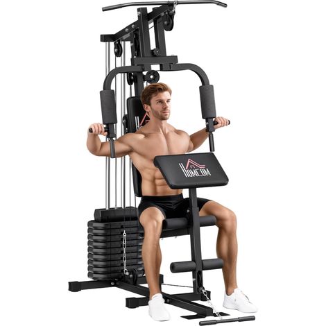 HOMCOM multiestación musculación con prensa de pecho, placas de peso 45 kg, curl de piernas y brazos, polea mariposa, para casa gimnasio, negro