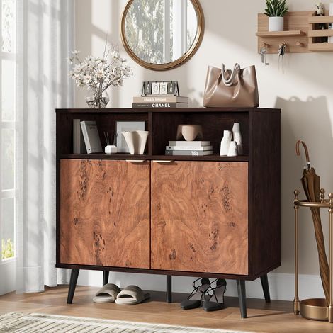 Buffet Meuble de Rangement 80x80x40 cm, Style Industriel Rustique, Étagères Réglables, 2 Tiroirs et Étagères Ouvertes, pour Salon Salle à Manger Entrée, Noyer (1/5)