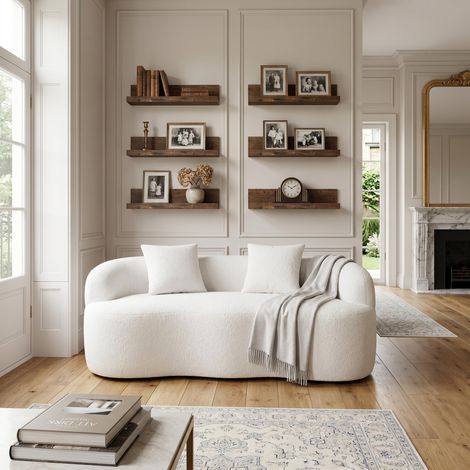 FurnitureR Wohnzimmer Set rundes 2 Sitzer Sofa mit 6 Wandregalen modernes Möbel Set komfortable Sitzlösung mit Aufbewahrung für kleine Räume Creme Holzoptik