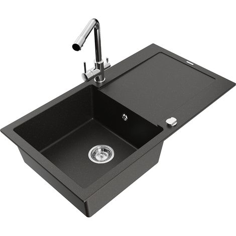 Mexen Leo fregadero de granito de 1 seno con escurridor y grifo de cocina Duero, negro/oro metálico - 6501-75-671600-00 (1/5)