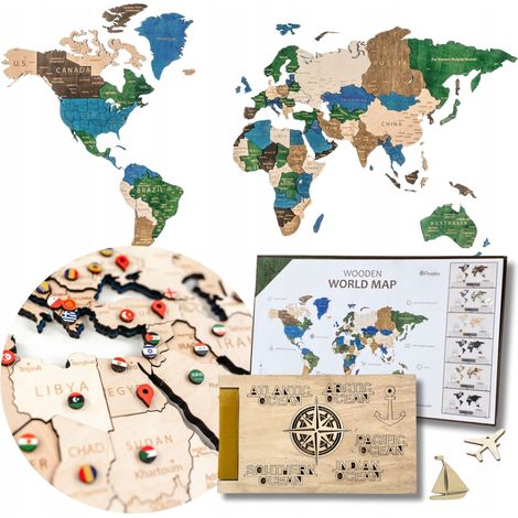 Mappa del mondo 3D in legno da parete 105 x 60 cm + 222 accessori adesivi (1/5)