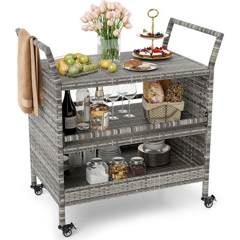 COSTWAY Outdoor Bar Cart 3-Tier Patio Rattan Storage Shelf with Wheels-Mix Grey (1/5)
