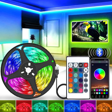 Bande LED de 5 m avec télécommande, contrôleur IR USB + télécommande 24 touches bande LED flexible avec autocollant pour décoration intérieure, TV, fête - 1 jeu (1/5)