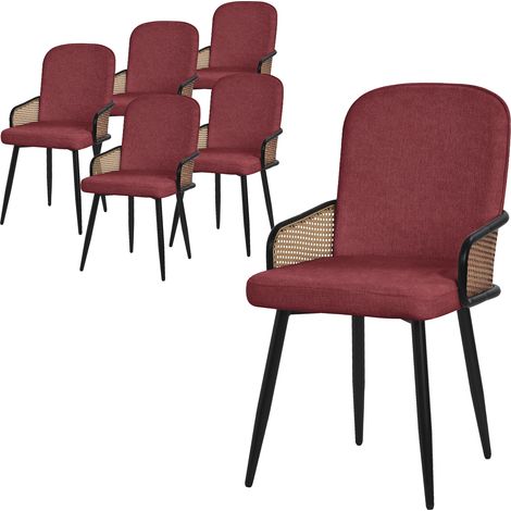 ML-Design Set di 6 Sedie da Sala Pranzo Rosso con Rivestimento in Tessuto, Gambe in Metallo, con Braccioli Effetto Rattan, Poltrona Imbottita, Poltroncina Ergonomica da Soggiorno e Cucina