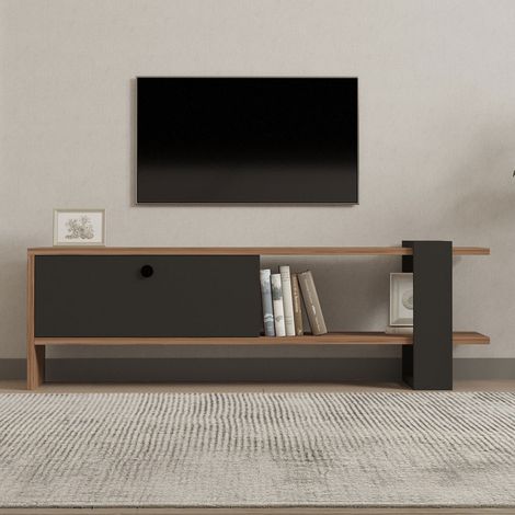 Mobile TV asimmetrico grigio antracite con armadio effetto legno 120 cm OVA