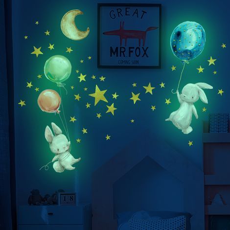 Stickers Mural Lapin Lumineux, Lumineuses Arc en Ciel Wall Stickers, Autocollant Mural Lune Étoile Fluorescent, Phosphorescentes Stickers Muraux Amovible, Cadeau pour D'enfants Garçons Fille Chambre (1/5)