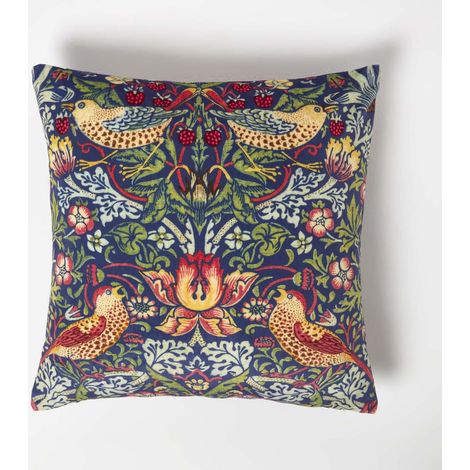 HOMESCAPES Samt-Kissenbezug Strawberry Thief 45 x 45 cm, Kissenhülle William Morris, dunkelblau