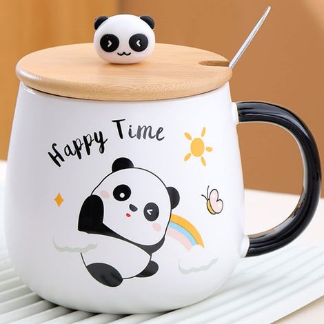 Tazza Panda con coperchio morbido, regalo Panda, tazza da tè in ceramica da 400 ml con cucchiaio e piattino, grazioso regalo di compleanno (1/5)