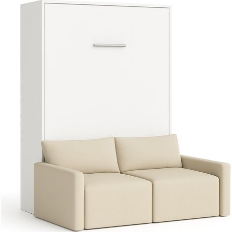 Lit escamotable vertical avec canapé tissu VALENCIA Beige Matelas mousse 18 cm-Avec matelas-80x180-Canapé Beige-Structure Blanche (1/5)