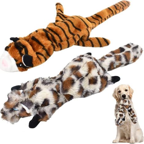 2 Pièces Chiens Jouet à Couinement en Peluche pour Animaux de Compagnie, Mignon Jouets à Mâcher Interactifs avec Dispositif Sonore Dents molaires pour Chats, Chiens et Chiots (Tigre et Léopard)