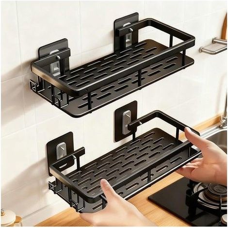 Étagère murale autocollante - Noire - 1 pièce - Sans perçage - Métal résistant à la rouille - Adhésif ultra-fort (1/5)