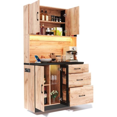 ELVMI Armario Alto de Cocina con 3 Cajones, Estantes Ajustables, LED y Tomas USB, MDF, 105 x 40 x 180 cm, Negro (1/5)