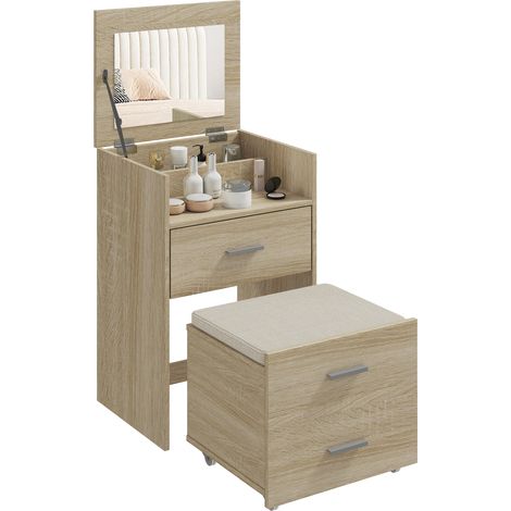 Coiffeuse miroir pliant tiroirs tabouret bois tissu effet lin coloris bois, coiffeuse nomade style naturel