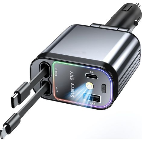 Chargeur de Voiture rétractable, Adaptateur de Charge Rapide 4 en 1 pour iPhone 17 16 15 14 13 12 Galaxy Pixel 2 Câbles rétractables compatibles avec Les appareils (USB-C & Light-ning Red Light) (1/5)