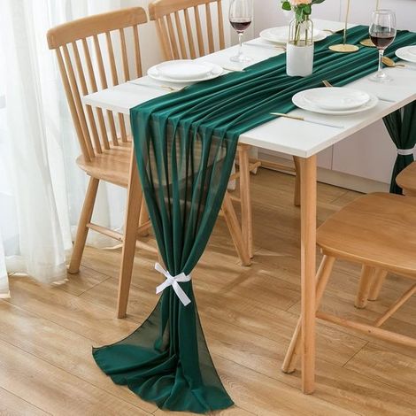 Elegante tovaglia e runner da tavola in chiffon per decorazioni festive, lavabili, 70 x 300 cm, verde. (1/5)